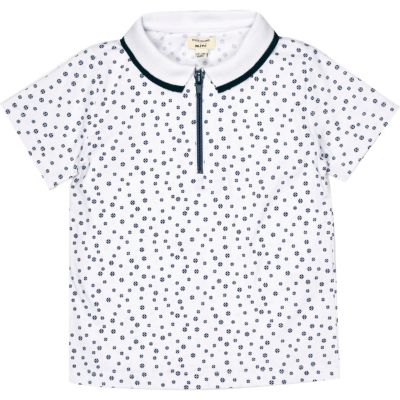Mini boys white print zip-up polo shirt